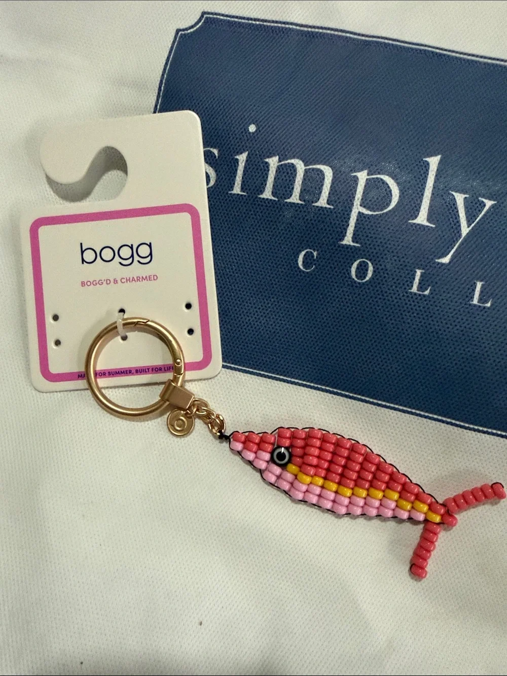 BOGG BAG Pink Beaded Fish Key & Card Holder Charm